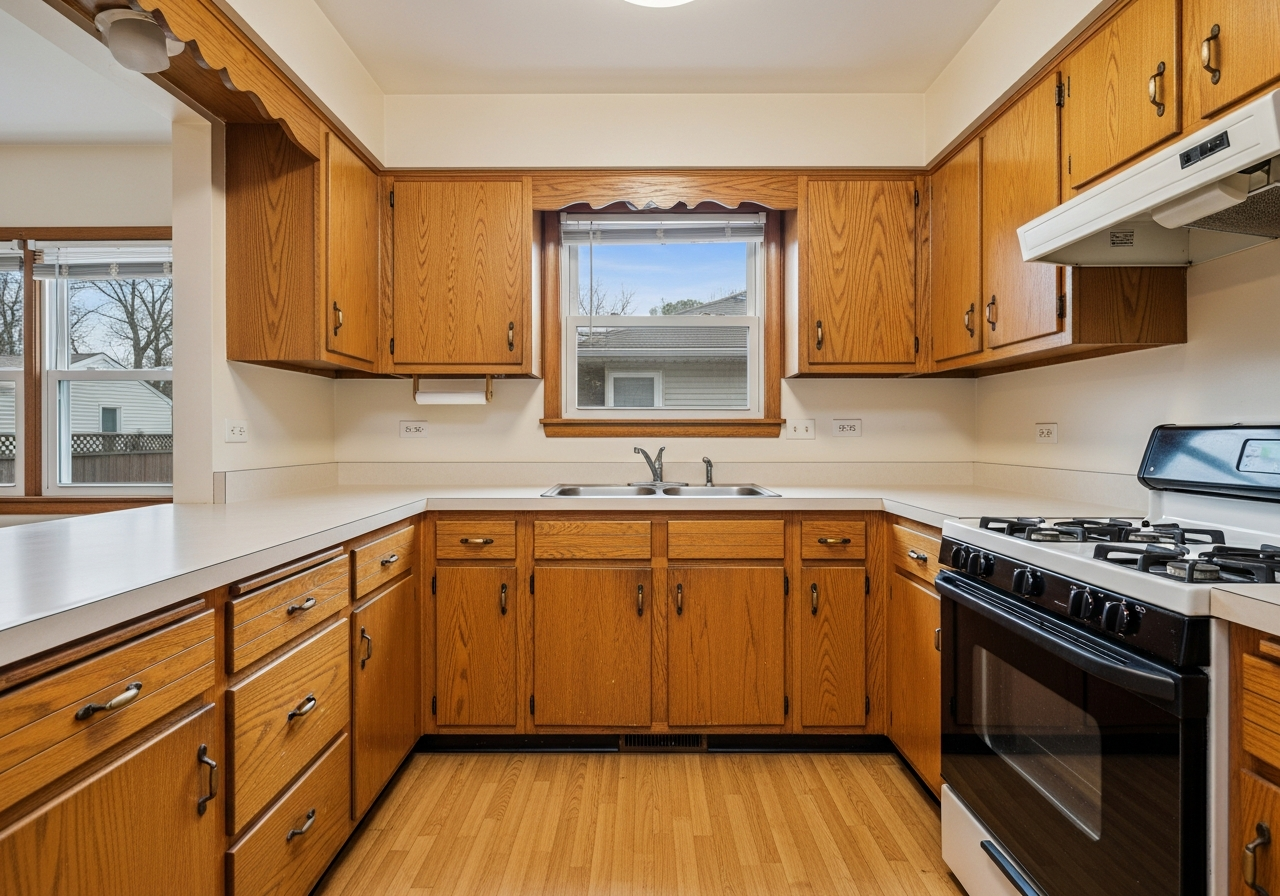 Honey Oak to Crisp White Cabinets — before